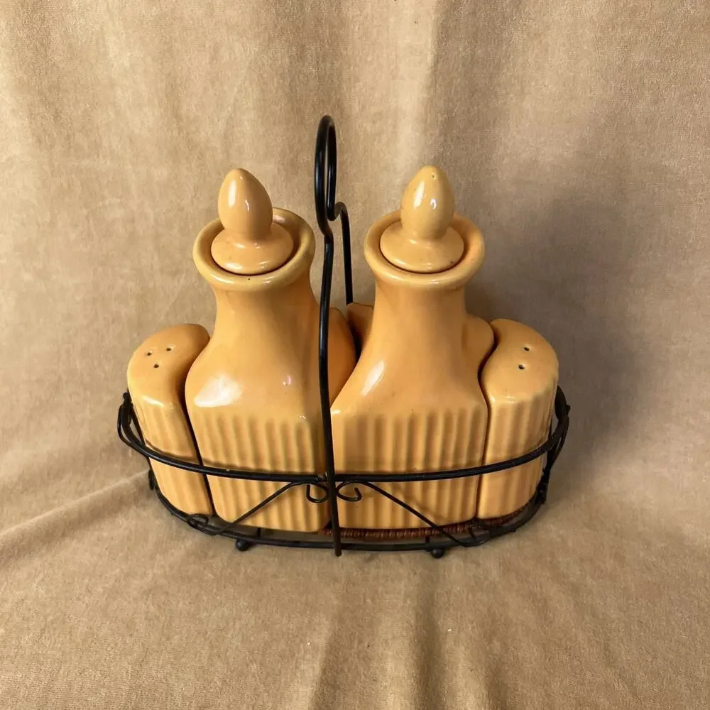 TEMPTATIONS‎ ORANGE CERAMIC OIL & VINEGAR CRUET SALT & PEPPER SHAKER CADDY SET